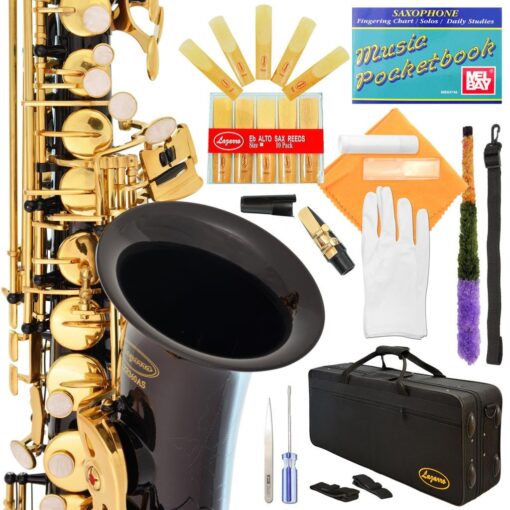 Lazarro Professional Black-Gold Keys Eb E Flat Alto Saxophone Sax, 11 Reeds, Case & Many Extras - 24 COLORS Available - 360-BK BLACK/GOLD Keys