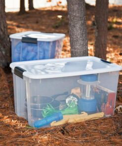 Sterilite 70 Qt Ultra Latch Box, Stackable Storage Bin with Latching Lid, Organize Clothes, Sport Gear in Basement, Clear with White Lid, 4-Pack 70 Quart 26 71E9zHZU8ML