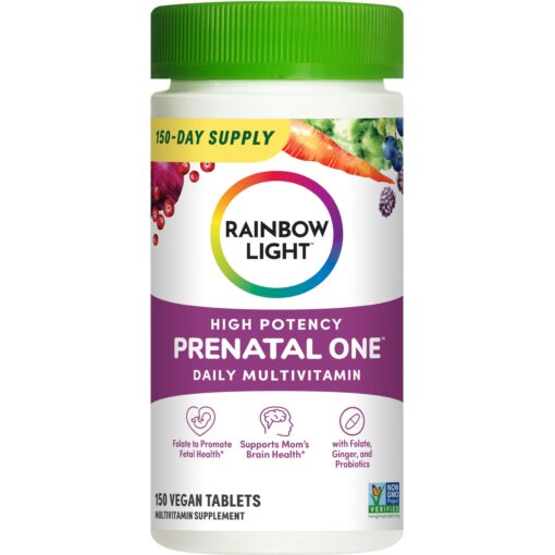 Rainbow Light Prenatal One High Potency Daily Multivitamin with Folate, Ginger and Probiotics; Supports Mom and Baby from Conception to Nursing; Vegan, 150 Tablets,* Pack May Vary 150 Count