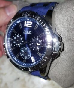 GUESS Stainless Steel Stain Resistant Silicone Watch with Day, Date + 24 Hour Military/Int'l Time Blue/Blue/Silver Tone 30 71EFsePS7DL