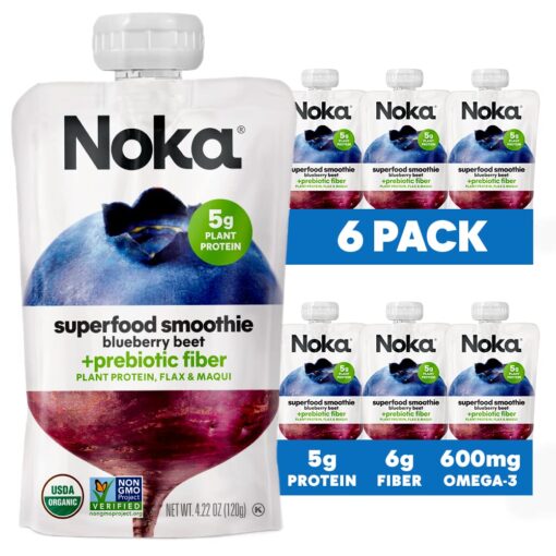 Noka Superfood Fruit Smoothie Pouches, Blueberry Beet, Healthy Snacks with Flax Seed, Prebiotic Fiber and Plant Protein, Vegan and Gluten Free, Organic Fruit and Veggie Squeeze Pouch, 4.22 oz, 6 Count Blueberry Beet 6 Pack 4.2 Ounce (Pack of 6)