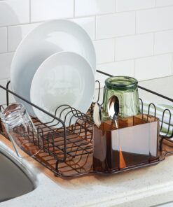 iDesign Forma Lupe Stainless Steel Metal Sink Dish Drainer Plastic Tray Kitchen Drying Rack For Glasses, Silverware, Bowls, Plates, 13.3" x 17.5" x 5.2", Bronze Set of 1 19 71EbcCLLPWL