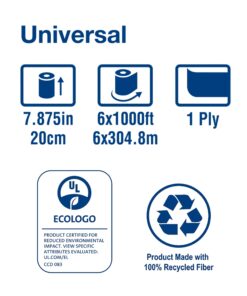 Tork Paper Hand Towel Roll White H21, Universal, 100% Recycled Fiber, 6 Rolls x 1000 ft, RB10002 6 Count (Pack of 1) 15 71EcABpxoTL