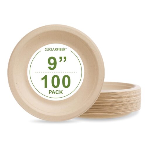 [100 COUNT]Sugarfiber by Harvest Pack 9-inch Round Disposable Compostable Paper Plates, Heavy-Duty Natural Bagasse Biodegradable Plate, Made From Eco-Friendly Sugarcane Plant Fibers 100