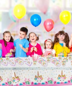 Unicorn Themed Party Supplies Set,Unicorn Cake Plates,Cups,Napkins,Tablecloth,Straws&Decoration,Paper Disposable Tableware Set for Girls Children Birthday Party or First,Baby Shower, Serves 16 Guests 27 71Emkw5o7eL