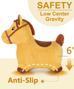 iPlay, iLearn Bouncy Pals Yellow Hopping Horse, Outdoor Ride on Bouncy Animal Play Toys, Inflatable Hopper Plush Covered W/Pump, Birthday Gift for 18 Months 2 3 4 5 Year Old Kids Toddlers Boys Girls Yellow Horse 24 71EwFpASSiL
