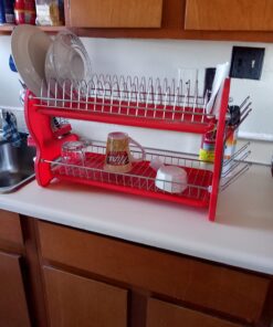 2 Tier Dish Drainer, By Home Basics (Red) Dish Rack For Kitchen Counter, With Cutlery Holder and Cup Slots Red 41 71EydrbPzL