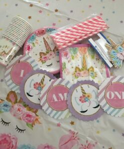 Unicorn Themed Party Supplies Set,Unicorn Cake Plates,Cups,Napkins,Tablecloth,Straws&Decoration,Paper Disposable Tableware Set for Girls Children Birthday Party or First,Baby Shower, Serves 16 Guests 29 71F5QCtdeUL