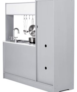 Amazon Basics Kids Upright Wooden Kitchen Toy Playset with Stove, Oven, Sink, Fridge and Accessories, for Toddlers, Preschoolers, Children Age 3+ Years, White & Gray, 39"L x 11.8"W x 39'H' Upright Kitchen 24 71F9n3ePNEL 1