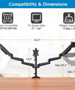 Alternative view of HUANUO Triple Monitor Mount for 17 to 32 inch Screens, 3 Monitor Desk Mount Stand with Gas Spring Adjustment Swivel Tilt Rotation with Clamp & Grommet Kit, Hold up to 17.6lbs, Black