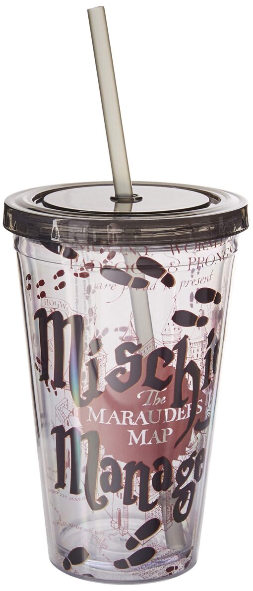 Silver Buffalo Harry Potter Mischief Managed Plastic Cold Cup with Lid and Straw, 16 Ounces