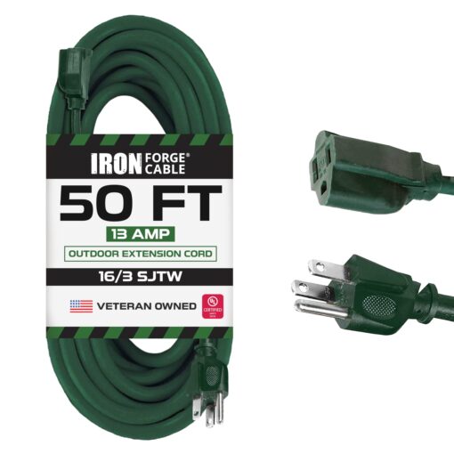 Iron Forge Cable 50 Ft Outdoor Extension Cord, 16/3 Green 50 Foot Extension Cord Indoor/Outdoor Use, 3 Prong, Weatherproof Jacket Extension Cord, Great for Christmas Lights and Outside 50FT