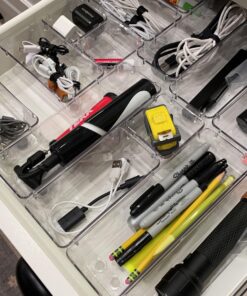 Vtopmart 25 PCS Clear Plastic Drawer Organizers Set, 4-Size Versatile Bathroom and Vanity Drawer Organizer Trays, Storage Bins for Makeup, Bedroom, Kitchen Gadgets Utensils and Office 48 71FdEMM38L