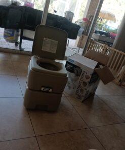 Camco 5.3-Gallon Portable Travel Toilet | Features Detachable Holding Tank w/Sealing Slide Valve & Bellow-Type Flush | Easy Transport w/Compact Lightweight Design & Carry Handle | Gray (41541) 5.3 Gallon 44 71FgkdRSBL