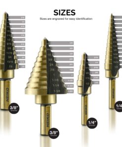 NEIKO 10169A Step Drill Bit Set and Automatic Center Punch | 5 Piece, 41 SAE Sizes Total, 1/8” – 1-3/8” | Titanium High Speed Steel Unibit, Stepper Cone Drill Bit | Two Flute Step Down Bits Straight Tri-Flat Shank 1/8 to 1-3/8", 4 bits 24 71FpMuDQrL