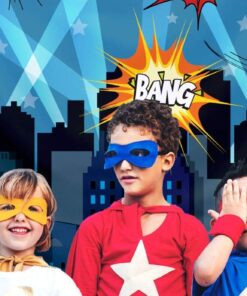 Superheroes Theme Party Photography Backdrop with Prop, Flag & Mask. Super Hero Cityscape Photo Booth Background for Kids Party, Birthday Wall Decorations 4*5.5 feet 20 71GCknacNfL