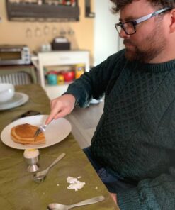 Egg Cups For Soft Boiled Eggs with Spoons - Egg & Cracker Tool Set - Stainless Steel Egg Opener Topper & Cutter - Hard Boiled Egg Holder Tool by Eparé Yellow Rubber Handle 44 71GHLwHf1cL