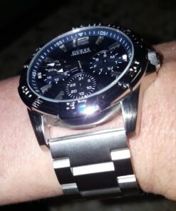 GUESS Stainless Steel Stain Resistant Silicone Watch with Day, Date + 24 Hour Military/Int'l Time Blue/Blue/Silver Tone 31 71GgZ1gdgrL