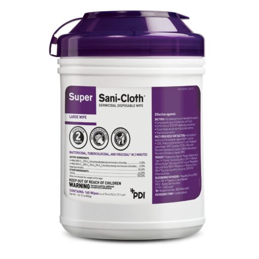 Super Sani-Cloth Germicidal Disposable Wipe - Fast 2-Minute Contact Time, Great for High-Touch Surfaces and Devices - Large Canister, 6 in. x 6.75 in. 160 Count (Pack of 1)