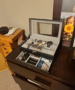 SONGMICS 12-Slot Watch Box, Lockable Watch Case with Glass Lid, 2 Layers, with 1 Drawer for Rings, Bracelets, Gift Idea, Black Synthetic Leather, Gray Lining UJWB012 Black + Gray 12 Slot 39 71Guq3tkEfL