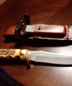 Uncle Henry 153UH Golden Spike Fixed Blade Knife with 5in High Carbon S.S. Blade, Staglon Handle, Sharpening Stone, Full Tang, and Leather Sheath for Hunting, Skinning, Camping, and Outdoors 153UH Golden Spike (Box) 25 71GvasAk9lL