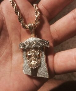 L &L Nation 14K Gold Plated Iced Out CZ Simulated Diamond Crown Jesus Piece Pendant with Rope Chain - Gold Tone Silver Stardust Jesus Necklace Hip Hop Jesus Chain for Men and Women 29 71GydqyztyL