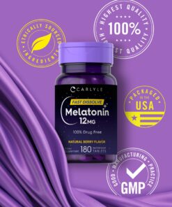 Carlyle Melatonin 12 mg Fast Dissolve 180 Tablets | Drug Free | Natural Berry Flavor | Vegetarian, Non-GMO, Gluten Free 180 Count (Pack of 1) 29 71H156 VBXL