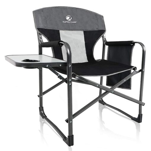 ALPHA CAMP Oversized Camping Director Chair Heavy Duty Frame Collapsible Recliner with Side Table, Supports 300 lbs Grey/Black