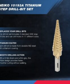 Alternative view of Neiko 10193A Titanium Step Bits, Unibit Set, 28 Sizes, High Speed Steel, Standard (SAE) Step Drill Bit Set, Step Bits for Metal. Unibit Step Drill Bits, Industrial Unibit Straight Tri-Flat Shank 1/8 to 3/4"
