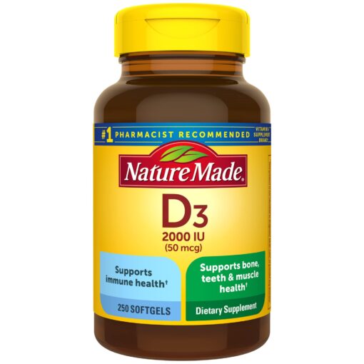 Nature Made Vitamin D3 2000 IU (50 mcg), Dietary Supplement for Bone, Teeth, Muscle and Immune Health Support, 250 Softgels, 250 Day Supply Unflavored 250 Count