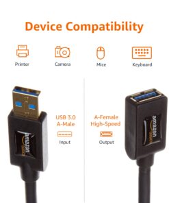 Amazon Basics USB-A 3.0 Extension Cable, 4.8Gbps High-Speed, Male to Female Gold-Plated Connectors, 3 Meters, Black 9.8 Feet 1-Pack 24 71HKDzfQ07L