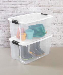 Sterilite 70 Qt Ultra Latch Box, Stackable Storage Bin with Latching Lid, Organize Clothes, Sport Gear in Basement, Clear with White Lid, 4-Pack 70 Quart 29 71HOavEimZL