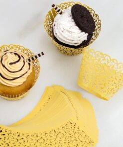 SUYEPER 100pcs Cupcake Wrappers Artistic Bake Cake Paper Cups Little Vine Lace Laser Cut Liner Baking Cup Muffin Case Trays for Wedding Party Birthday Decoration (Gold) Gold 26 71Hq1fOywL