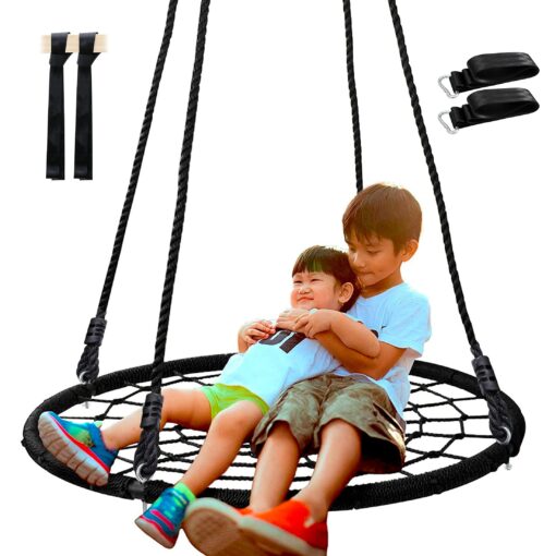 SUPER DEAL 40'' Spider Web Tree Swing Round Net Swing Platform Rope Swing Set for Kids Adult, 71" Detachable Nylon Rope with Swivel for Outdoor Backyard, Max 660 Lbs Extra Safe Steel Frame, Black 40 inch