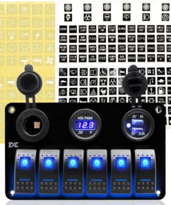 FXC 12 Volt Aluminum Marine Boat Rocker Switch Panel Waterproof 6 Gang Toggle Switch Panel Blue LED Lighted for Car Truck RV UTV ATV with USB Cigarette Lighter Socket Voltmeter 14 71I fKzddCL