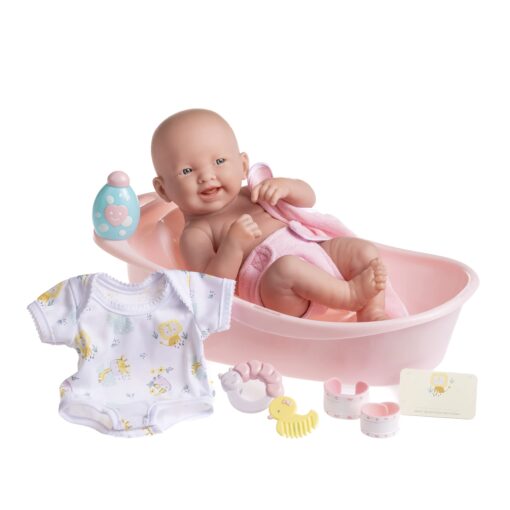 8 piece Layette Deluxe Bathtub Gift Set | JC Toys - La Newborn | 14" Life-Like Smiling Vinyl Newborn Doll w/ Accessories | Pink | Waterproof |Ages 2+ Bath Pink