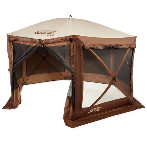 CLAM Quick-Set Pavilion 12.5 x 12.5 Foot Easy Set Up Portable Outdoor Camping Pop Up Canopy Gazebo Shelter with Ground Stakes and Carry Bag, Brown Built In Wind Panels - 12.5' x 12.5'