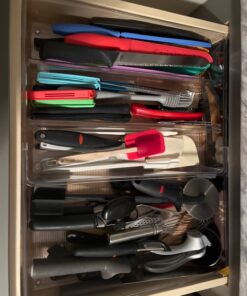 mDesign Plastic Adjustable/Expandable Divided Drawer Storage Organizer with 4 Compartments for Kitchen Pantry, Cupboard, Cabinet, Hold Silverware, Utensils, Cutlery - Ligne Collection - Clear 4 Compartment Expandable Pack of 1 34 71IOkElTJZL