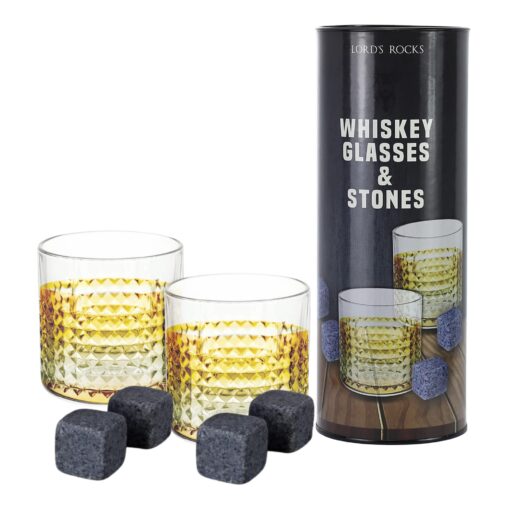 Whiskey Glass 2 Pack Set with 4 Whiskey Stones in Collectible Sleeve