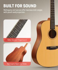 Alternative view of Donner Acoustic Guitar Kit for Beginner Adult Teen Full Size Cutaway Acustica Guitarra Starter Bundle Set with Bag Strap Tuner Capo Pickguard Pick, Right Hand 41 Inch Natural, DAG-1C/DAD-110C