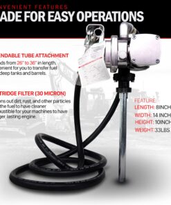 Fuelworks Fuel Transfer Pump Kit 15GPM/57LPM DC 12V 180W 22A Rotary Vane Motor with 14' Foot Anti-Static Discharge Hose & Filter, Extensible Suction Tube, 2" Inch Bung Adapter & Aluminum Manual Nozzle 22 71Iagh7RmL