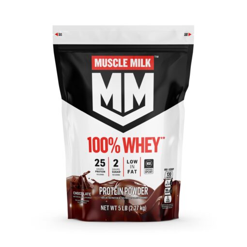 Muscle Milk 100% Whey Protein Powder, Chocolate, 5 Pound, 66 Servings, 25g Protein, 2g Sugar, Low in Fat, NSF Certified for Sport, Energizing Snack, Workout Recovery, Packaging May Vary 5 Pound (Pack of 1)