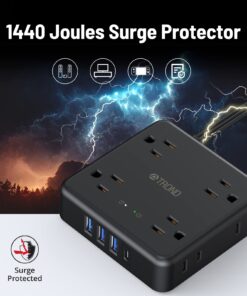 TROND Power Strip Surge Protector - Flat Plug Extension Cord, 8 Widely-Spaced Outlets, 4 USB Charger(1 USB C Port), 5FT Ultra Thin Cord, 1440J, Flat Wall Plug, Desk Charging Station for Travel, Black 5 FT-1 USB C 39 71IeGCvY0lL
