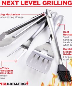 Alpha Grillers Grill Set Heavy Duty BBQ Accessories - BBQ Gifts Tool Set 4pc Grill Accessories with Spatula, Fork, Brush & BBQ Tongs - Grilling Cooking Gifts for Men Dad Durable, Stainless Steel Grill Tool Set 27 71IeYY79r L 5