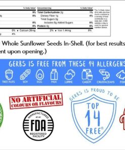 GERBS Raw Whole Sunflower Seed In Shell 1 lb., Top 14 Allergy Free Foods, Healthy Superfood Snack, Non GMO, No Oils, No Preservatives, Resealable Bag, Gluten Free, Peanut Free, Vegan, Keto, Kosher 18 71IiLV7yxPL