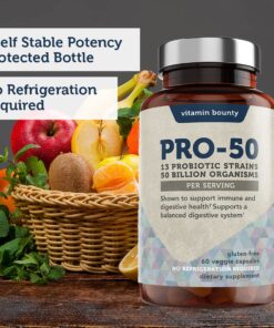 Vitamin Bounty Pro-50 Probiotics - 13 Probiotic Strains, Gut Health, Digestive Health, Probiotic for Women and Men, Delayed Release Capsule with Prebiotic Greens - 60 Capsules 60 Count (Pack of 1) 26 71Iln8GzzkL