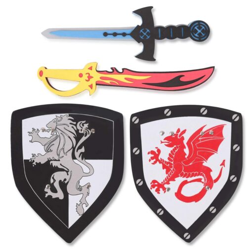 Liberty Imports 4 PCS Dual Foam Sword and Shield Combo Playset - Medieval Combat Warrior Weapons, Joust Dragon Knights Lightweight Set Costume Role Play Accessories for Kids, Boys, Girls