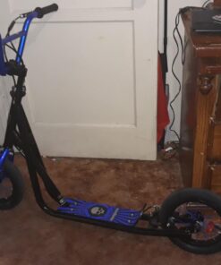 Mongoose Expo Youth Kick Scooter, Suggested for Riders with Ages 6 to 9 Years Old, Max. Weight of 175 lbs., Front and Rear Caliper Brakes, Rear Axle Pegs, 12-Inch Inflatable Wheels Black/Blue 38 71IoVY49dtL