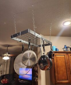 Rogar Hammered Steel Rectangular Pot Rack with Grid and Chrome Accessories 30-in. 26 71IsWuW14L