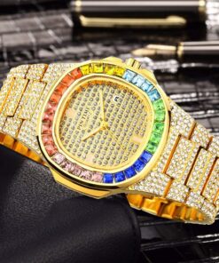 FANMIS Luxury Bling-ed Out Colorful Full Diamond Watches Fashion Quartz Analog Stainless Steel Band Bracelet Wrist Watch Gold 17 71J66F2HODL